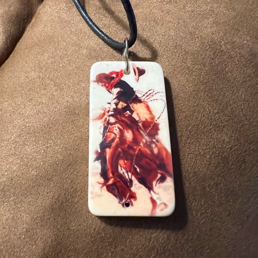 Leather Cord Necklace Pendant with Red Brown Cowboy Artwork